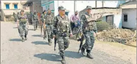  ??  ?? CRPF personnel during a route march in Birbhum on February 25.