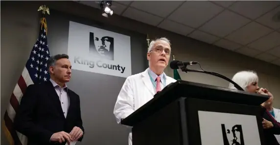  ?? GETTY IMAGES ?? BAD NEWS: Frank Riedo, medical director of Infection Control at Evergreen Health Hospital, speaks Saturday following the death of a King County, Wash., resident due to coronaviru­s.