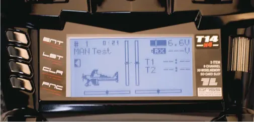  ??  ?? The main screen shows the model type graphic, trim positions, two timer displays, transmitte­r voltage, and receiver voltage readouts.