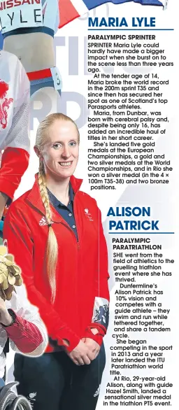  ??  ?? SHE went from the field of athletics to the gruelling triathlon event where she has thrived.
Dunfermlin­e’s Alison Patrick has 10% vision and competes with a guide athlete – they swim and run while tethered together,
sundaypost.com