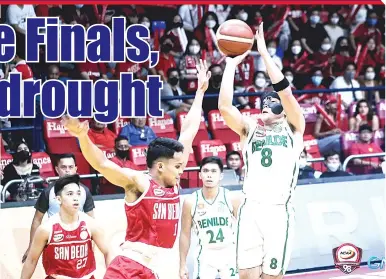  ?? NCAA/GMA PHOTO ?? OUT OF REACH
Miguel Oczon of St. Benilde attempts a jumper during their Final Four encounter with San Beda in the NCAA men’s basketball tournament on Tuesday, Nov. 29, 2022, at the FilOil EcoOil Centre.