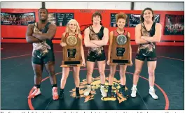  ??  ?? The Searcy High School girls won the high school state championsh­ip, and the boys wrestling team finished as runner-up at this year’s championsh­ip tournament in Little Rock. From left are individual state-title winners Demaceo Whittier, Maty Lincoln, Joseph Delk, Trinity Danberry and Eduardo Mancilla.