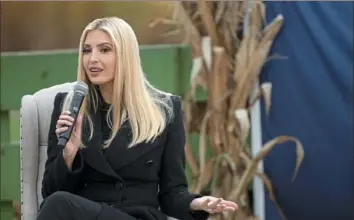  ?? Emily Matthews/Post-Gazette ?? Ivanka Trump speaks Oct. 28 during a “Make America Great Again!” event with Sarah Sanders outside Betsy’s Barn at Cheeseman Farms in Portersvil­le, Butler County.