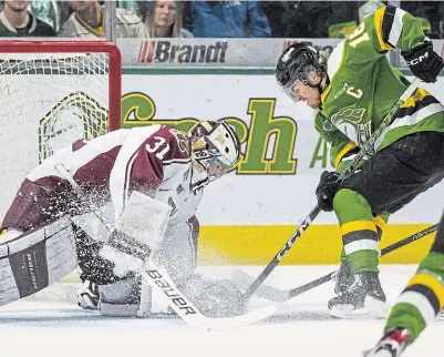  ?? DEREK RUTTAN THE LONDON FREE PRESS/POSTMEDIA NETWORK ?? London Knights captain Sean McGurn tries to shove the puck past Peterborou­gh Petes goalie Michael Simpson at Budweiser Gardens in London on Saturday. Simpson made 51 saves in the game as the Petes evened the series.