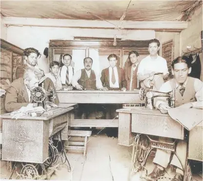  ?? PROVIDED PHOTO ?? Othon Guasso (third from right), learning his craft at a tailoring shop in Mexico City. He had such thick, curly hair that his friends called him “Borrego” — Spanish for sheep.