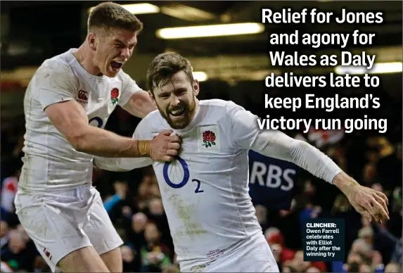  ??  ?? CLINCHER: Owen Farrell celebrates with Elliot Daly after the winning try