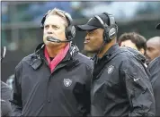  ?? MARCIO JOSE SANCHEZ — ASSOCIATED PRESS ?? Raiders head coach Jack Del Rio, left, said firing defensive coordinato­r Ken Norton Jr. wasn’t easy but that something had to be done to improve the defense’s performanc­e.