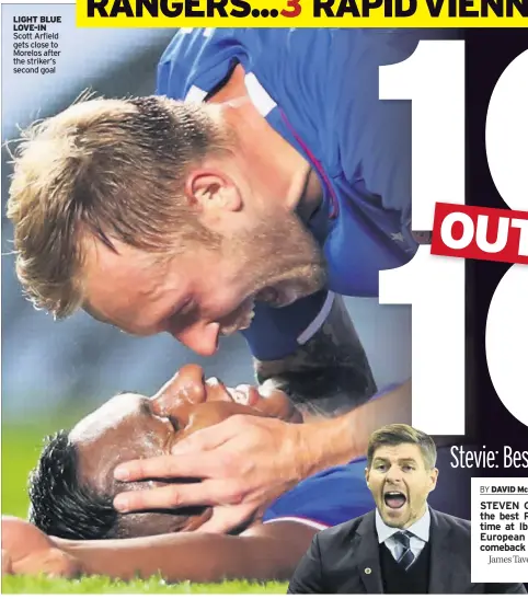  ??  ?? LIGHT BLUE LOVE-IN Scott Arfield gets close to Morelos after the striker’s second goal