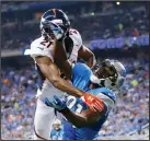  ?? AP PHOTO ?? Denver Broncos cornerback Aqib Talib and Detroit Lions wide receiver Calvin Johnson vie for a pass, which fell incomplete.