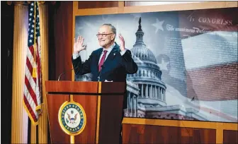  ?? ERIN SCHAFF / THE NEW YORK TIMES ?? Senate Majority Leader Chuck Schumer, D-N.Y., speaks at a news conference Saturday after the passage of President Joe Biden’s $1.9 trillion stimulus bill in the Senate. It was Schumer who suggested to Biden that he push for an even-bigger coronaviru­s stimulus bill than what the president initially was supporting.