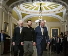  ?? Kent Nishimura/For The New York Times ?? Ukraine President Volodymyr Zelenskyy visits the Capitol earlier this month. A Biden administra­tion official said that even if Congress ultimately reached a deal to send more aid to Ukraine, an alternativ­e source of funding was still desperatel­y needed.