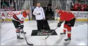  ?? PHOTO BY ANDY CAMP ?? Olympic bobsledder Cody Bascue of Whitehall took part in a ceremonial puck drop prior to a recent Adirondack Thunder hockey game.