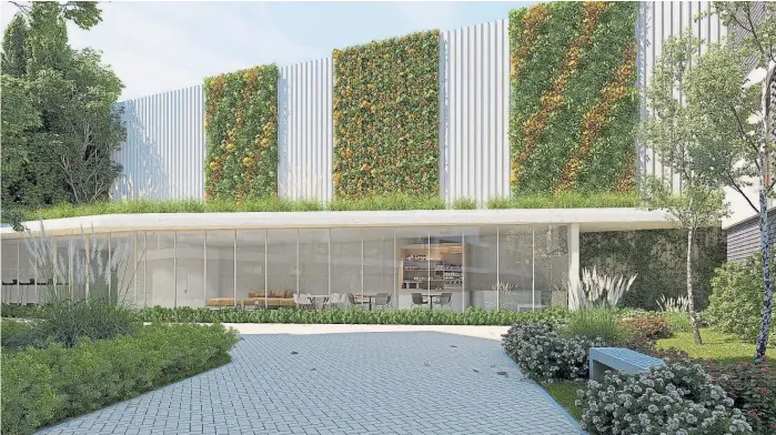  ??  ?? Entorno. Jardines verticales y una atractiva forestació­n rodearán el salón de usos múltiples. El complejo tendrá pocos amenities para mantener un bajo nivel de expensas.