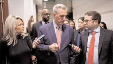  ?? -REUTERS ?? WASHINGTON
US House Republican leader Kevin McCarthy (R-CA) faces reporters as he arrives on the first day of the new Congress at the US Capitol.