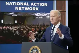  ?? ALEX BRANDON — THE ASSOCIATED PRESS ?? President Joe Biden speaks to the National Action Network Convention remotely from the South Court Auditorium of the White House in Washington on Friday.