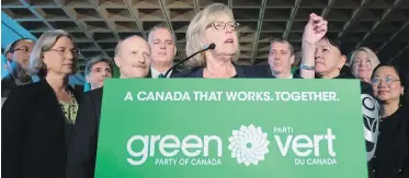  ??  ?? Elizabeth May is backed by area candidates as she rolls out the Green Party’s platform Wednesday in Vancouver.