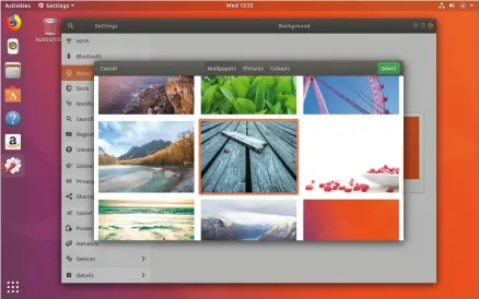  ??  ?? Choose a preinstall­ed desktop wallpaper or one of your own from Pictures. Use Gnome Extensions to switch between background­s.
