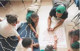  ?? | MAX HERMAN/ FOR THE SUN- TIMES ?? Barrel of Monkeys artist educators Alejandra Zavala and Barry Irving work with Chalmers Elementary School students.