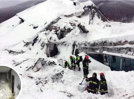  ??  ?? Clockwise from main: Firefighte­rs search for survivors after an avalanche buried a hotel near Farindola, central Italy; a wall of snow engulfing the inside of the Hotel Rigopiano; a man is helped out of the building; and a hallway is filled with snow....