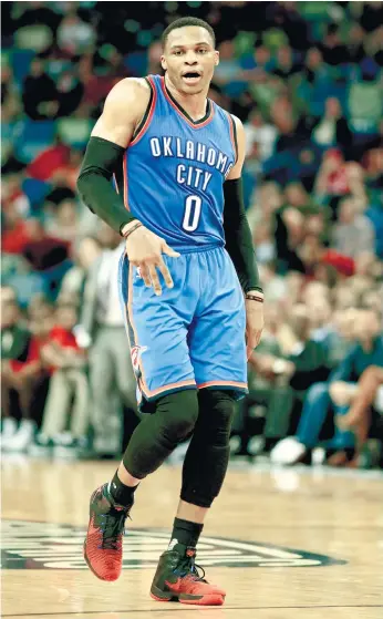  ?? (AP FOTO) ?? HAPPY DANCE. Russel Westbrook scores 42 points, 10 rebounds to lead Oklahoma over New Orleans.