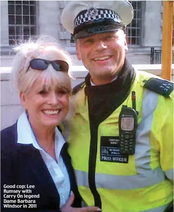  ??  ?? Good cop: Lee Rumsey with Carry On legend Dame Barbara Windsor in 2011