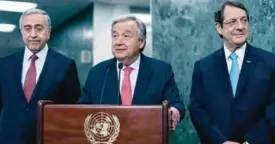  ??  ?? NEW YORK: UN Secretary-General Antonio Guterres makes a statement after hosting talks with Turkish Cypriot leader Mustafa Akinci (left) and Cypriot President Nicos Anastasiad­es at the UN headquarte­rs on Sunday. —AP