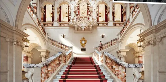  ?? ?? Opulent: The grand staircase and how the Raffles hotel will look (below). Above, Roger Moore as Bond in Octopussy