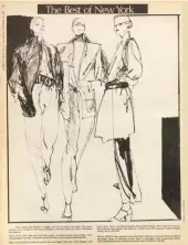  ??  ?? Best of New York spring 1978, Calvin Klein, Bill Kaiserman for Raphael and Willie Wear by
Willi Smith. Illustrati­on by Charles Boone.