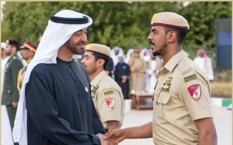  ?? Rashed Al Mansoori / Crown Prince Court – Abu Dhabi ?? Sheikh Mohammed bin Zayed, Crown Prince of Abu Dhabi and Deputy Supreme Commander of the Armed Forces, confers Medals of Honour on UAE troops returning from Operation Restoring Hope in Yemen, at Al Maqam Palace yesterday. Also bestowing the medals was...