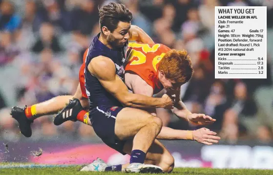  ?? Picture: GETTY IMAGES ?? Fremantle’s Lachie Weller tackles the Suns’ Josh Schoenfeld in an AFL clash this year.