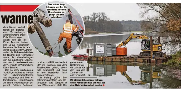  ?? ?? Über solche Saugleitun­gen werden die Sedimente zu einem Absetzbeck­en gepumpt und dort getrocknet.