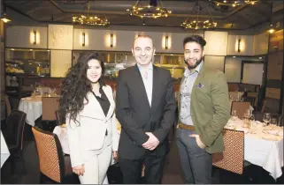  ?? Michael Cummo / Hearst Connecticu­t Media ?? Blackstone­s Steakhouse, from left, manager Jessica Putkamint, co-owner Eddy Ahmetaj, and general manager Sleman Hussain at the new restaurant at 101 Broad St. in downtown Stamford on Wednesday.