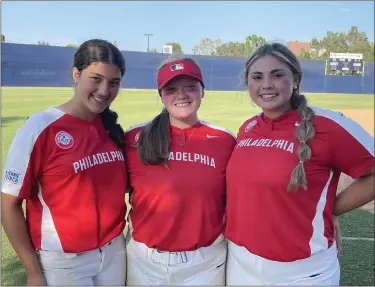  ?? ?? Ava Lawrence (left), Meghan Dugan and Aubrey Seidel were the backbones of the Phillies UYA pitching staff.