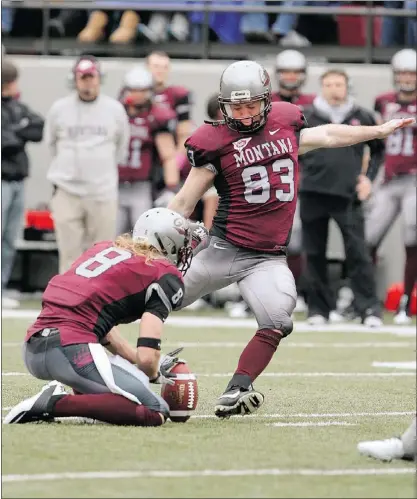  ?? — SUBMITTED PHOTOS ?? University of Montana’s senior placekicke­r Brody Mcknight was 21-of-25 on field goal attempts this season, and missed just one of 54 extra-point attempts.