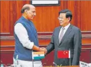  ?? PTI ?? Union home minister Rajnath Singh with Chinese state councillor Zhao Kezhi in New Delhi on Monday.