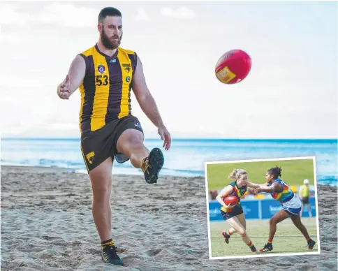  ?? ?? In a promising start to the AFL Cairns season, skipper Troy Barbero and his Manunda Hawks lost by just a point against the Bulldogs. Inset: Manunda’s Eliza Cropp under pressure against the Bulldogs. Pictures: Emily Barker, Brendan Radke