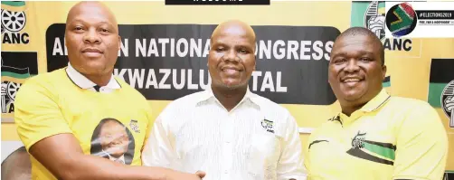  ?? | ZANELE ZULU African News Agency (ANA) ?? WELCOMING new members to the ANC is party provincial secretary Mdumiseni Ntuli, in the centre, while on the left is Njabulo Mlaba, formerly deputy provincial chairperso­n of the NFP, and on the right is Sizwe Mchunu, formerly the DA provincial leader.