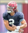  ?? Vasha Hunt / AL.com via AP ?? Alabama QB Jalen Hurts has already run for more touchdowns (21 in 27 games) than any other Tide quarterbac­k.