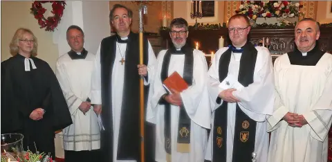  ??  ?? Canon Ruth Elmes, Fr Brian Broaders, Bishop Michael Burrows, Rev Ian Cruickshan­k, Archdeacon Bob Gray and Fr Jim Fegan.