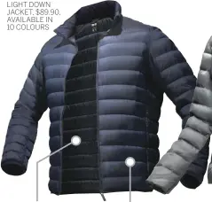  ??  ?? MEN’S ULTRA LIGHT DOWN JACKET, $89.90, AVAILABLE IN 10 COLOURS WOMEN’S ULTRA LIGHT DOWN JACKET, $89.90, AVAILABLE IN 12 COLOURS FOR HIM WATER-RESISTANT ULTRA LIGHT CARRY-ON FRIENDLY The impeccable design includes an improved texture and cut. The treated nylon fabric can block light rain. With no down packs, it’s so soft and thin, you’ll forget you have it on. Ultra-compact, it folds up easily into its own small pouch.