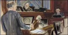  ?? ELIZABETH WILLIAMS VIA AP ?? In this courtroom sketch, FTX founder Sam BankmanFri­ed, right, is questioned by his attorney, Mark Cohen, left, as Judge Lewis Kaplan listens on the bench during the trial in Manhattan federal court on Thursday.