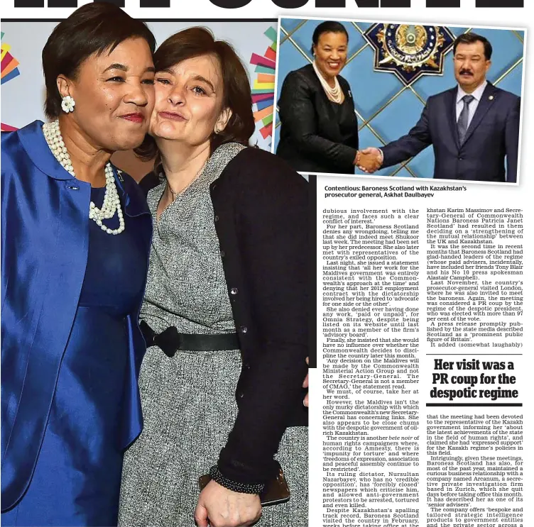  ??  ?? Good friends: Cherie Blair congratula­tes Baroness Scotland on her prestigiou­s new role last week Contentiou­s: Baroness Scotland with Kazakhstan’s prosecutor general, Askhat Daulbayev