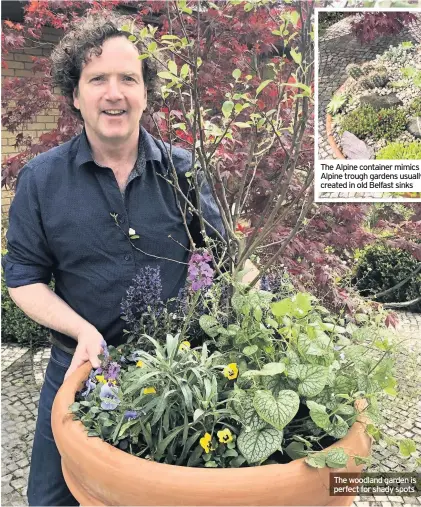  ??  ?? ots and containers are becoming increasing­ly important when it comes to gardening. The Alpine container mimics Alpine trough gardens usually created in old Belfast sinks The woodland garden is perfect for shady spots