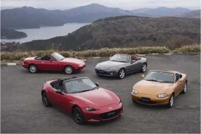  ?? Photos courtesy of Mazda ?? The first, second, third and fourth generation­s of the Mazda MX-5 are shown.