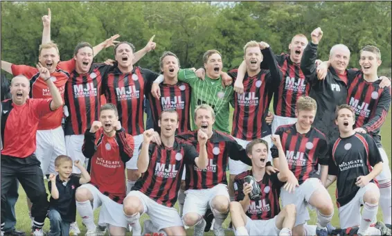  ??  ?? HONOURS DOUBLE: Pinchbeck celebrate their 4-2 win over Kings Cliffe which sealed the league title. Picture: STEVE RELF