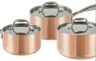  ??  ?? PERFECT PANS
Copper saucepan set, £100, Go Cook range, Tesco