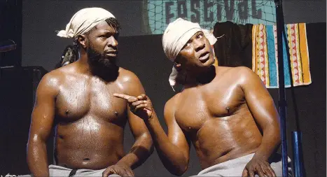  ??  ?? The duo of Toritseju Ejoh (left) Toyin Oshinaike performing­wat’s Disallabou­t, an adaptation of South Africa’s apartheid-era drama, Sizwe Bansiisdea­d