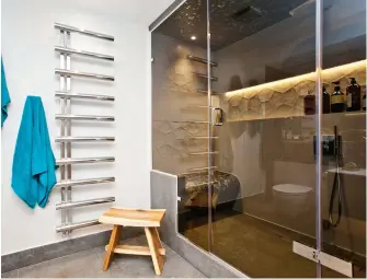  ??  ?? Above Smoked glass gives the steam room privacy and a cocoon-like feel, with shimmering dark grey mosaics on the ceiling and benches. The couple chose textured accent tiles to create interest. Sunset Ceniza wall tiles; Anthracita quartz floor tiles;...