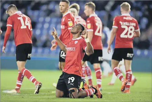  ?? ON TARGET: Barnsley’s Victor Adeboyejo celebrates his goal as the Tykes battled back to beat Oldham 2-1 at Boundary Park last night. ?? PICTURE: KEITH TURNER