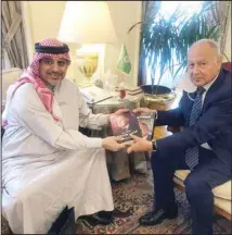  ?? KUNA photo ?? Secretary-General of the Arab Media Forum Madi Al-Khamis during a meeting with Secretary-General of the League of Arab States, Ahmed Aboul Gheit.